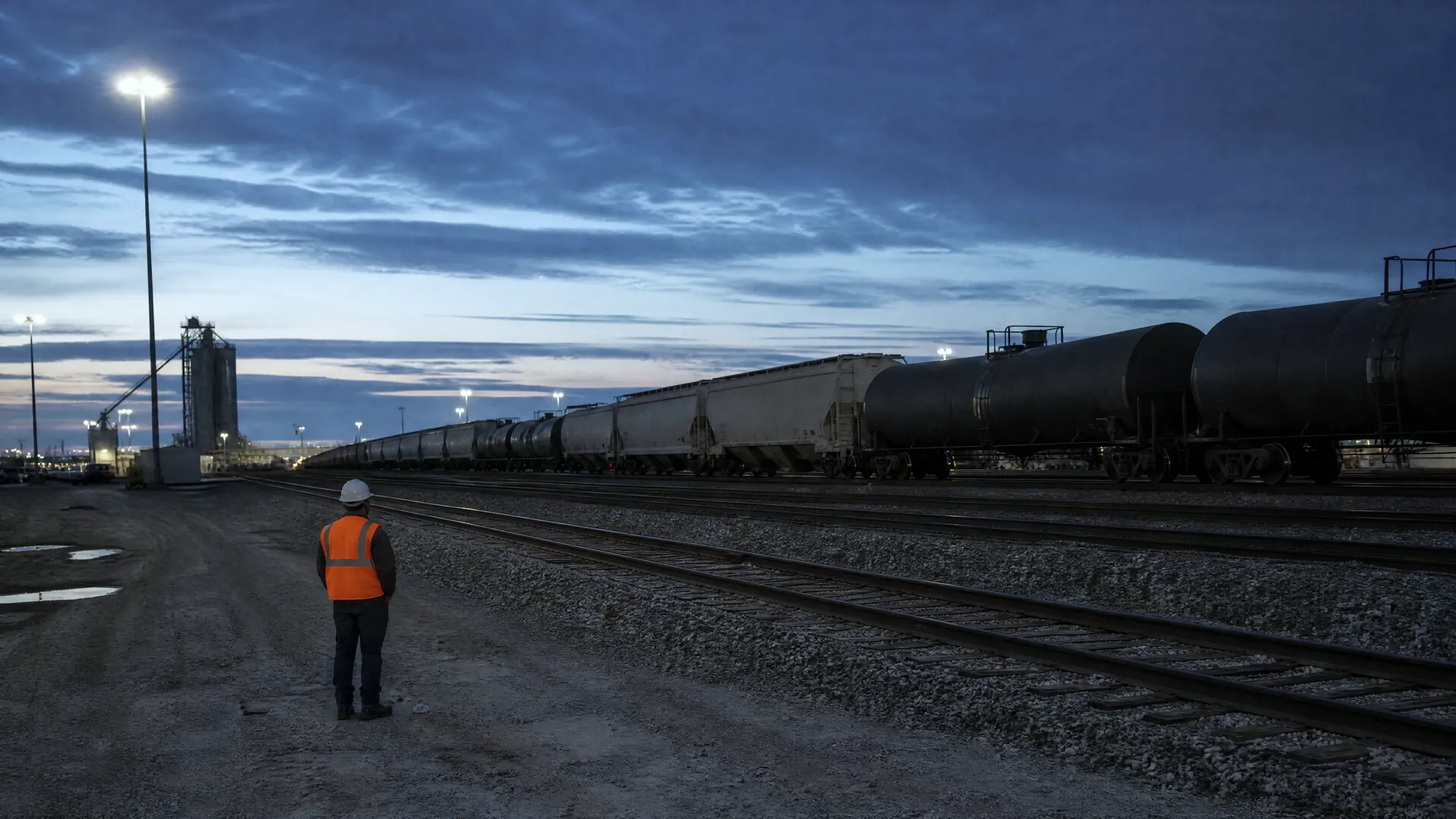 Railway safety consultant at dusk overlooking an industrial yard of tank cars and covered hoppers