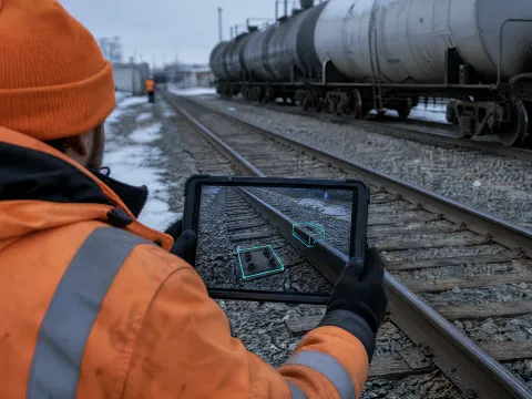 Inspector's tablet highlighting a tie plate and rail joint in a live camera view of the track