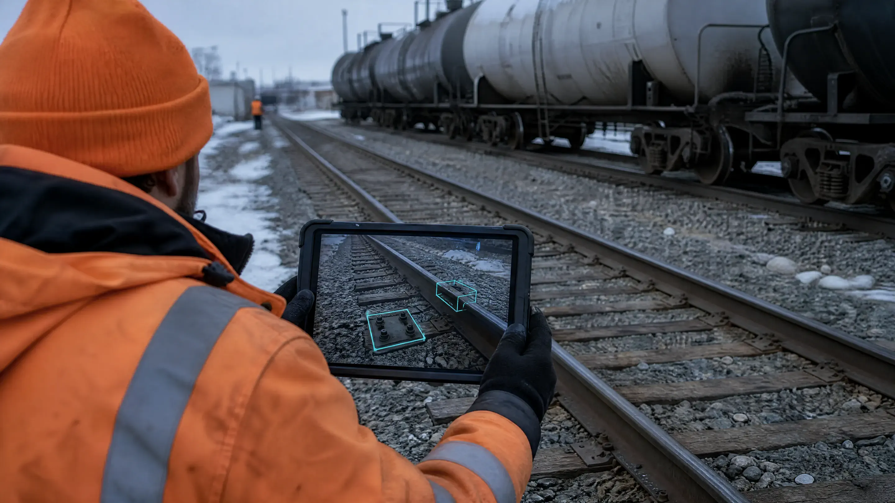 Inspector's tablet highlighting a tie plate and rail joint in a live camera view of the track