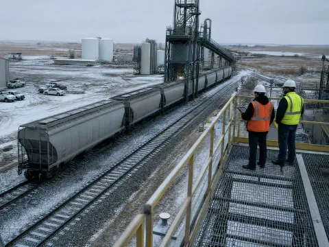 Assessor and plant supervisor on an elevated walkway overlooking a plant yard, rail loadout and warehouse