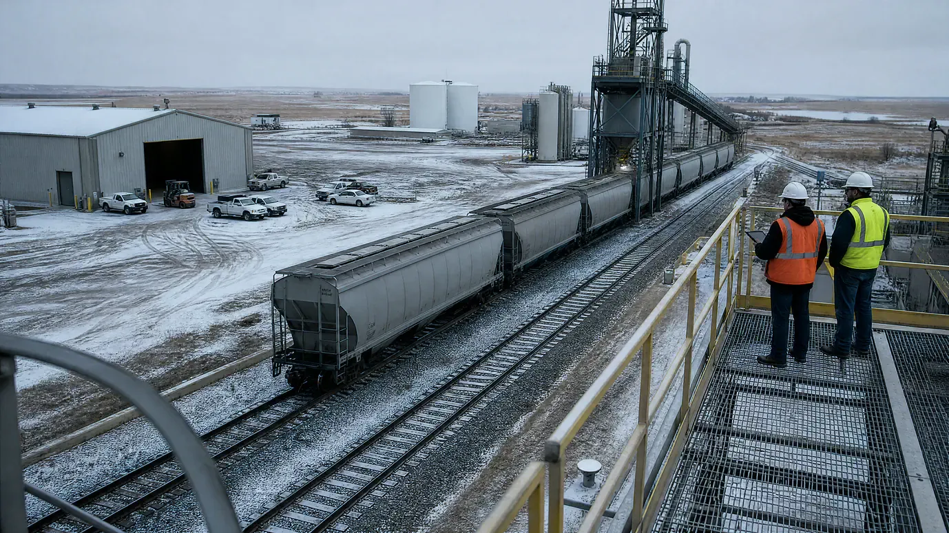 Assessor and plant supervisor on an elevated walkway overlooking a plant yard, rail loadout and warehouse