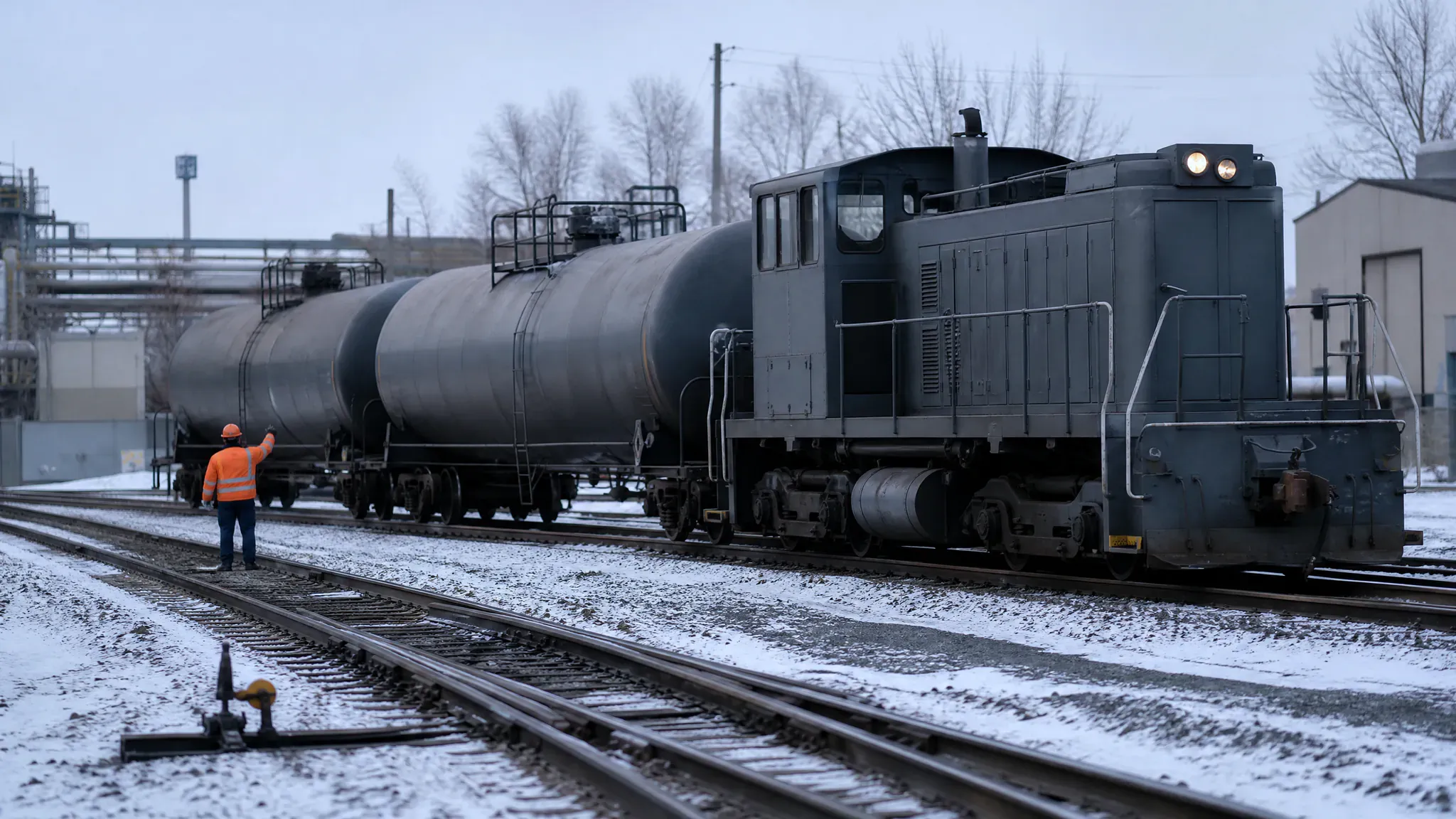 Unmarked switcher locomotive moving tank cars through a snowy industrial yard as a crew member signals