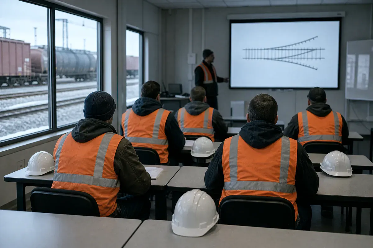 Trainees in hi-vis vests in a site classroom studying a railway turnout diagram