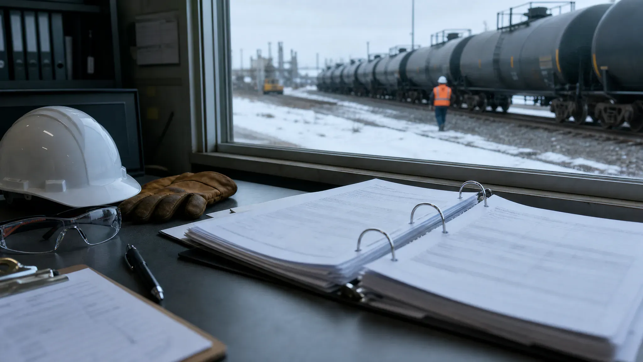 Safety binder, inspection checklist, hard hat and gloves on a site office desk by a rail yard window