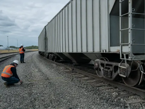 Investigator measuring with a tape beside a derailed covered hopper whose wheels rest in the ballast