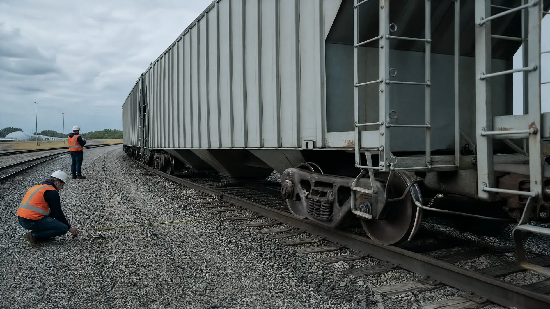 Investigator measuring with a tape beside a derailed covered hopper whose wheels rest in the ballast