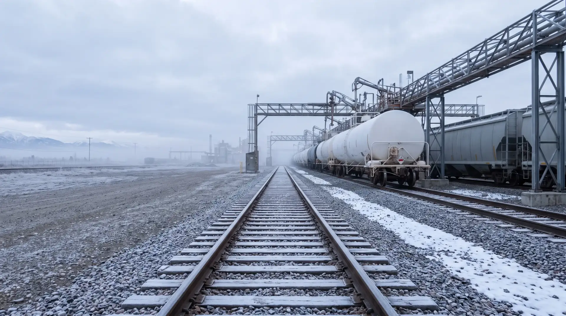 Empty plant spur leading to white tank cars at a loading rack on a frosty Alberta morning