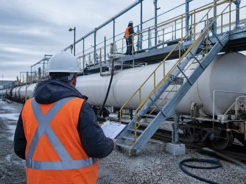 Safety coordinator with a checklist inspecting the stairs and platform of a tank car loading rack