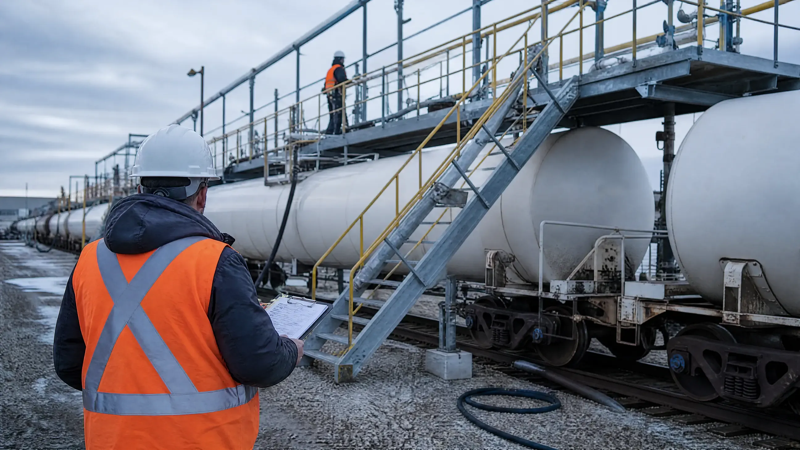 Safety coordinator with a checklist inspecting the stairs and platform of a tank car loading rack