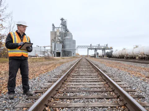 Inspector with a tablet beside plant trackage at a grain terminal, tank cars on the next track