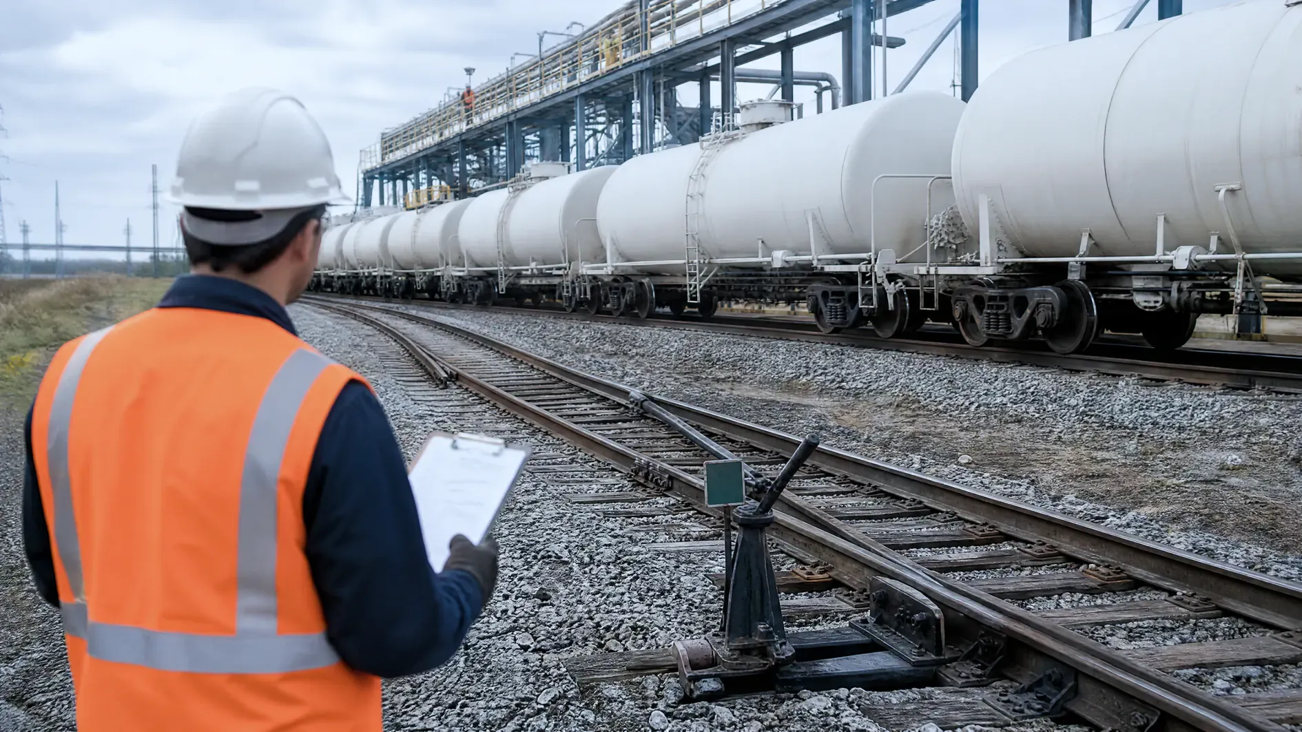 Auditor with a clipboard at a switch stand on plant trackage beside a tank car loading rack
