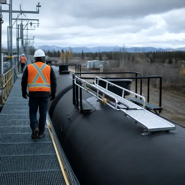 Rail safety auditor walking a tank car loading rack toward a gangway lowered onto a tank car