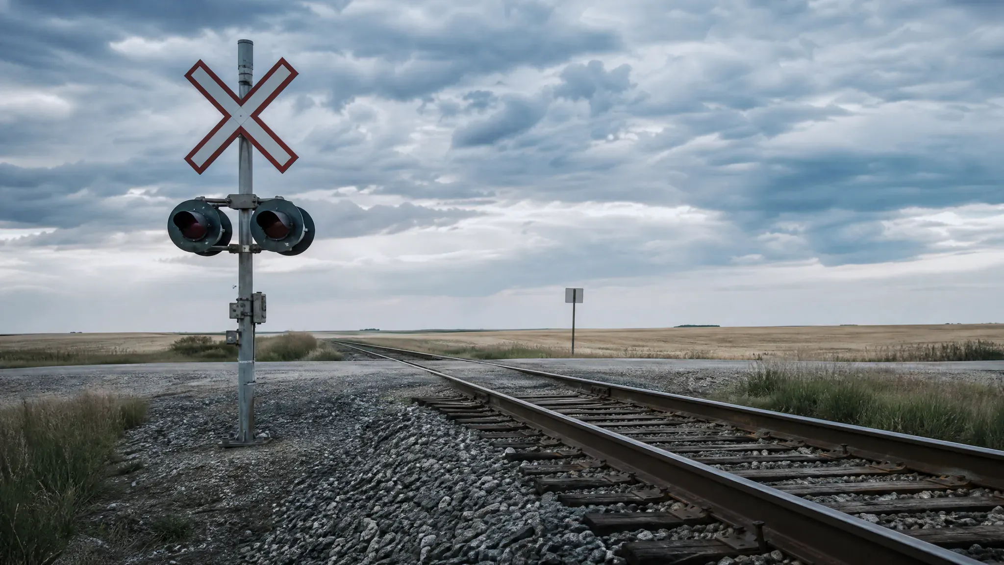 Prairie grade crossing with a crossbuck and flashing-light signal beside a single track