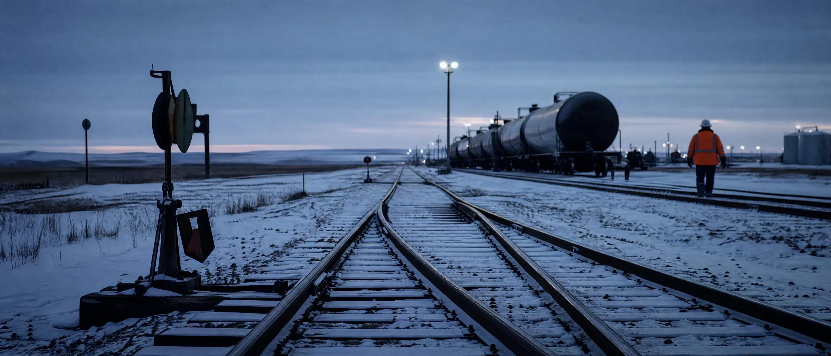 Switch stand and snowy turnout in an industrial yard at blue hour with tank cars under yard lights