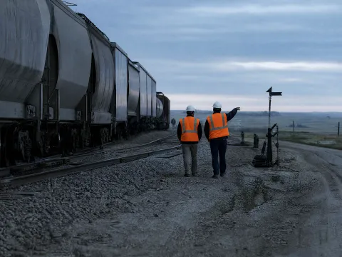 Safety consultant and plant supervisor walking a siding beside covered hoppers toward a switch stand