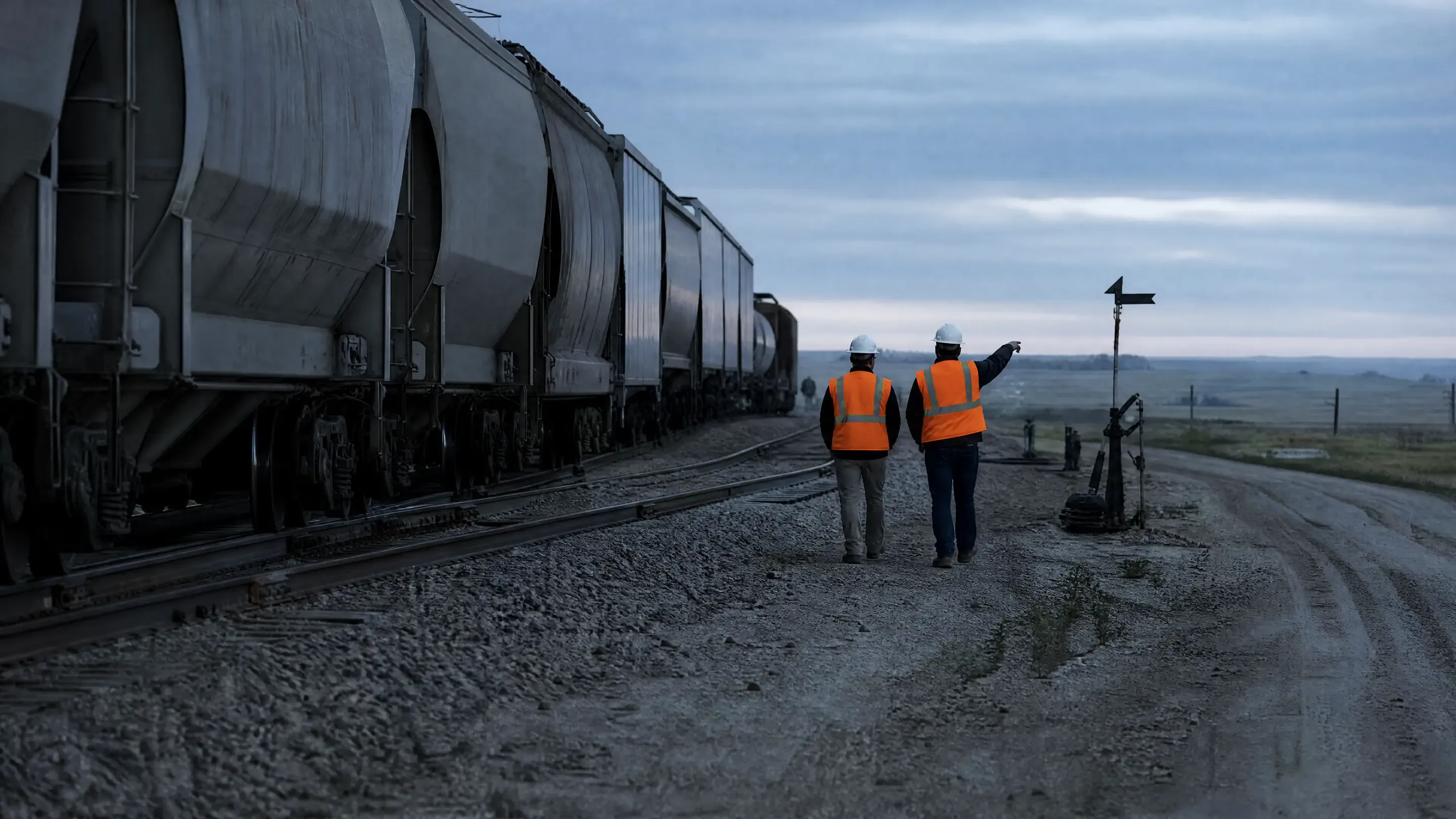 Safety consultant and plant supervisor walking a siding beside covered hoppers toward a switch stand