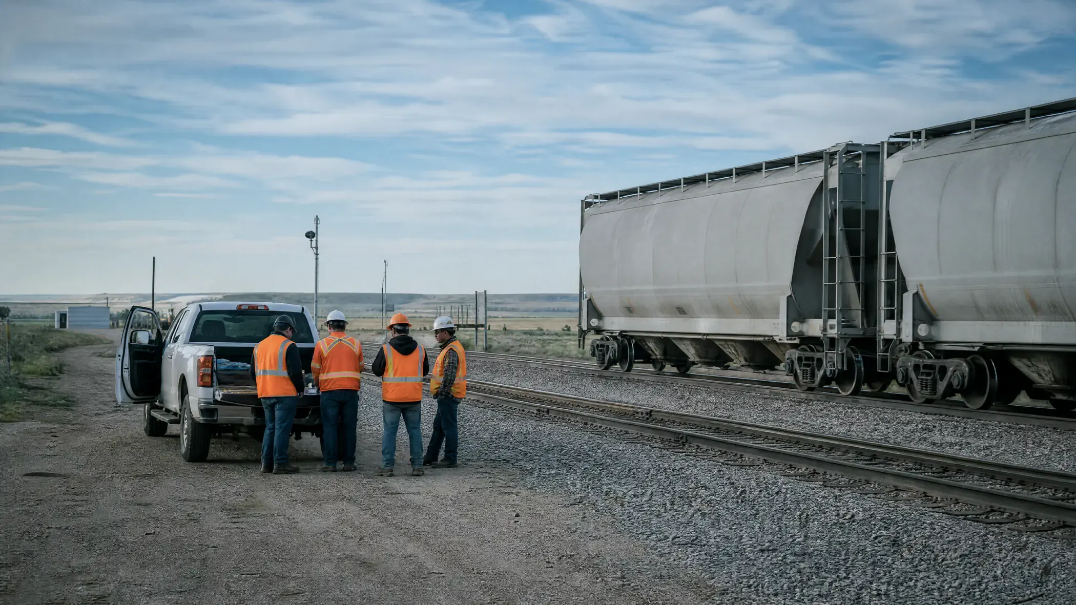 Four-person crew holding a tailgate safety meeting beside covered hoppers on a prairie siding