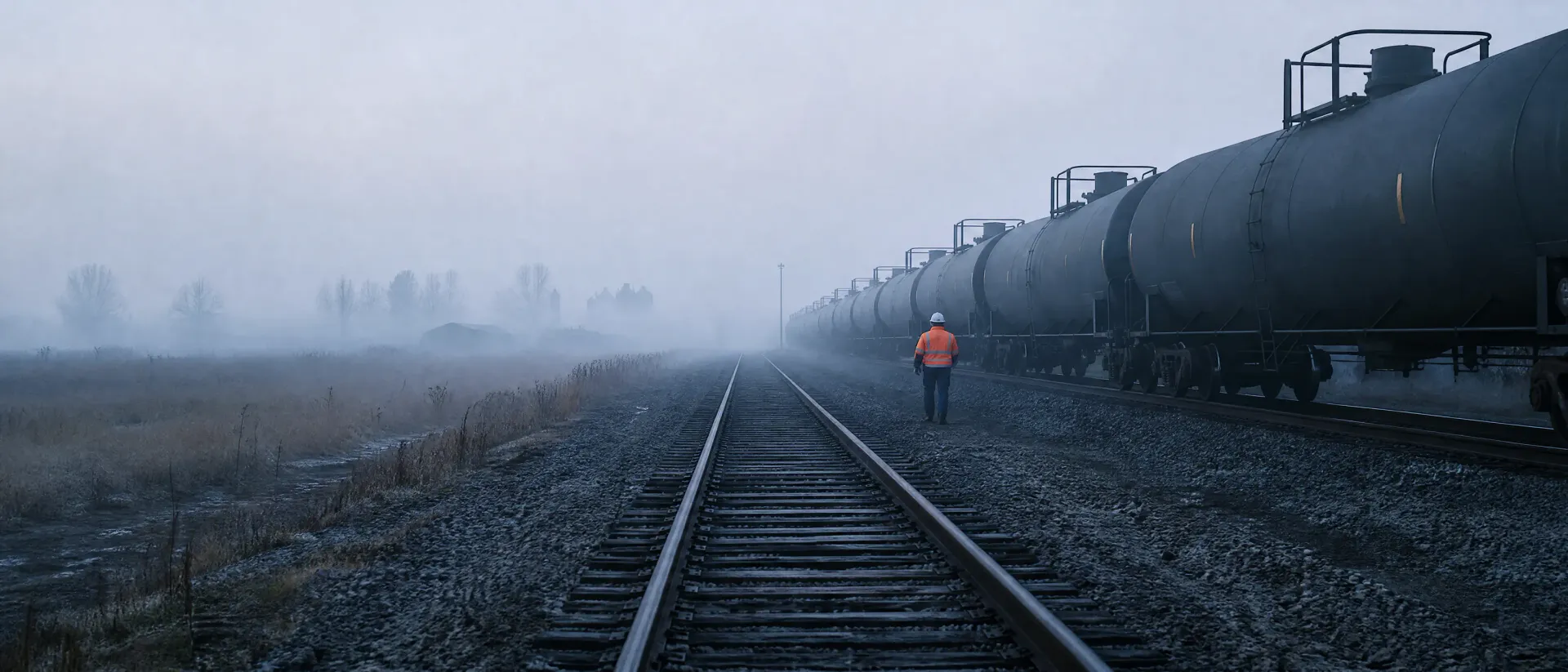 Industrial track fading into dawn fog beside a line of tank cars on the prairie