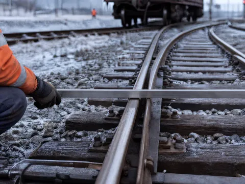 Inspector laying a track gauge across the rails at the switch points of a frosty industrial turnout