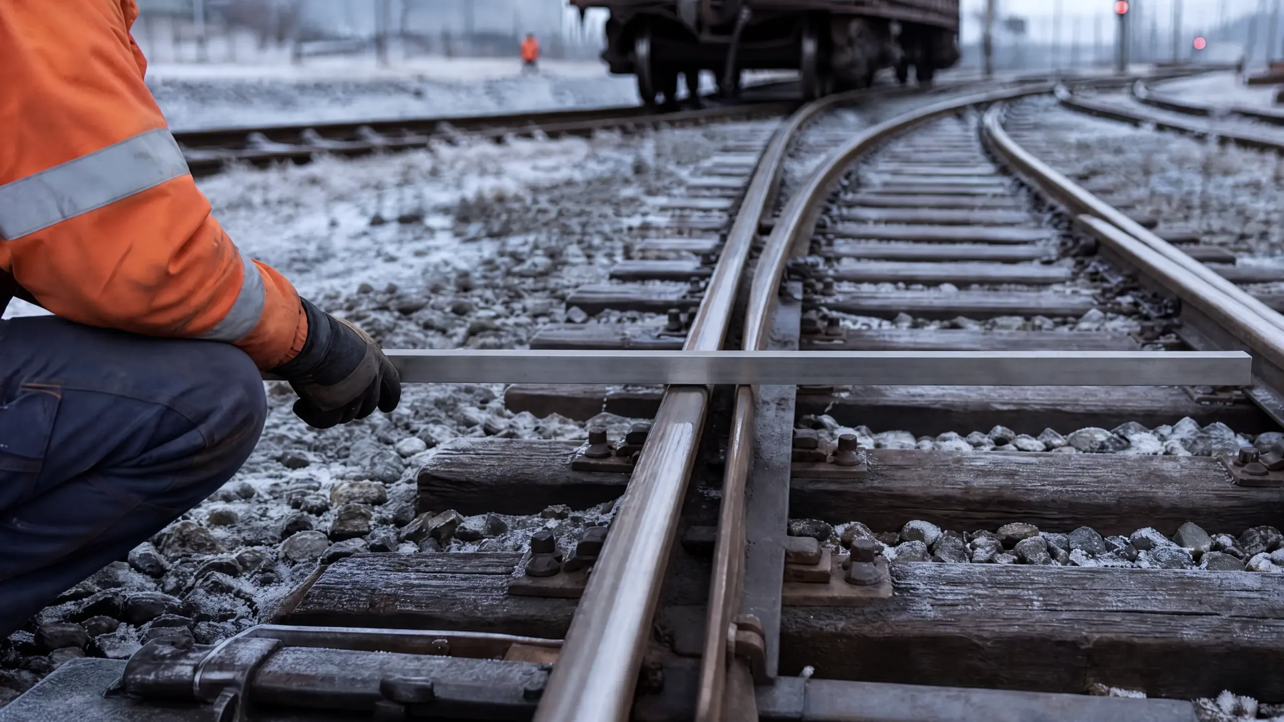 Inspector laying a track gauge across the rails at the switch points of a frosty industrial turnout