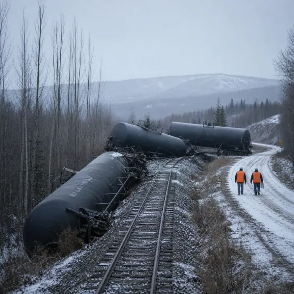 Two investigators walking a short line derailment where tank cars left the track beside a snowy foothills road