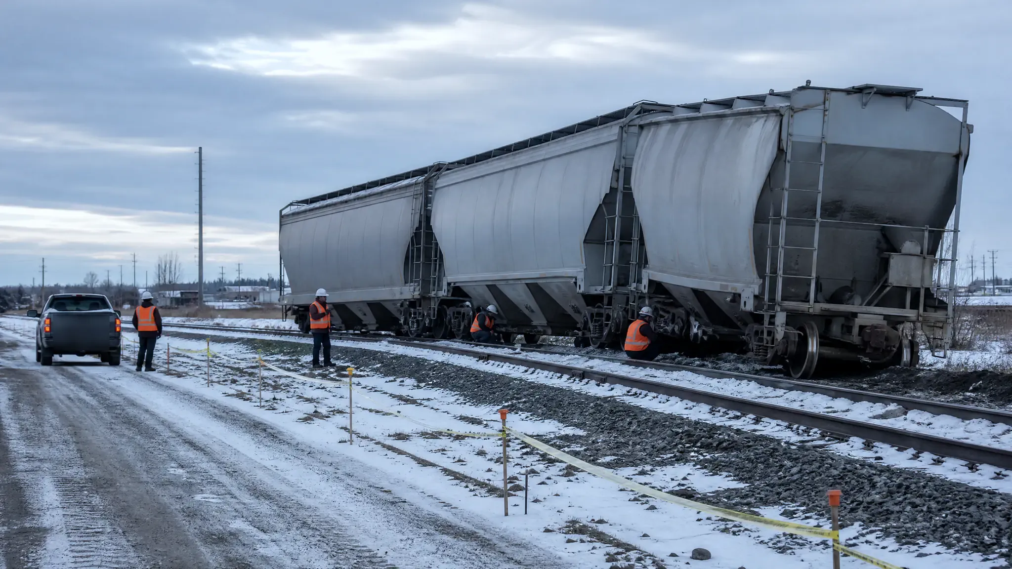 Investigators examining three derailed covered hoppers inside a taped-off area of a snowy yard