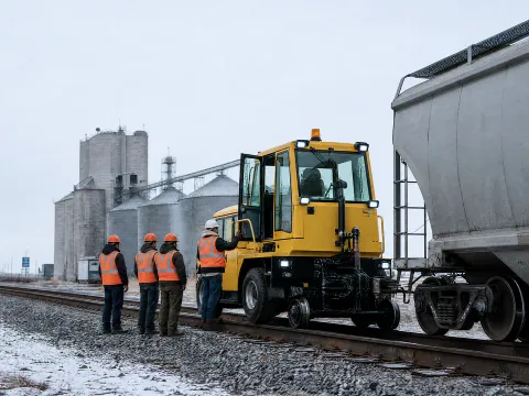 Instructor at the cab door of a modern railcar mover coupled to a covered hopper as three trainees look on