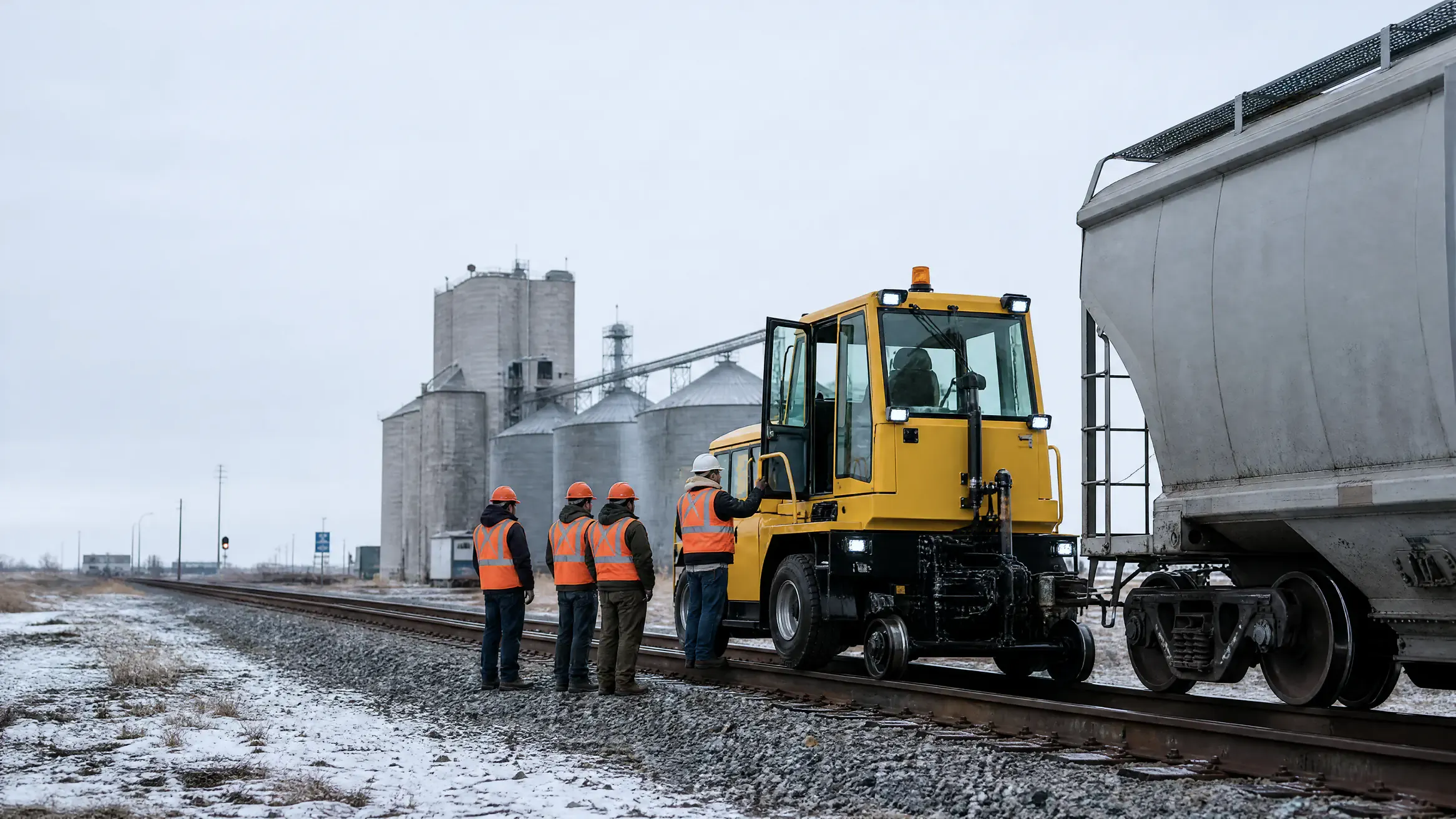 Instructor at the cab door of a modern railcar mover coupled to a covered hopper as three trainees look on